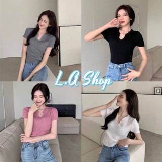 L.A Shop พร้อมส่ง  เสื้อไหมพรมแขนสั้น คอเว้าวีเล็กๆน่ารักใส่สบายมาก "40017" -C