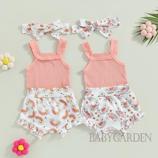 Babygarden-0-18 เดือน ชุดรอมเปอร์ ผ้าถัก พิมพ์ลายตัวอักษร กางเกงขาสั้น สีรุ้ง พร้อมที่คาดผม สําหรับเด็กทารกผู้หญิง