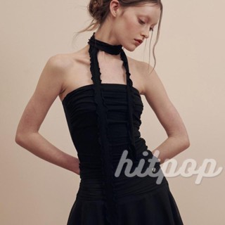 Hitpop- เสื้อท็อปส์ เปิดไหล่ สายคล้องคอ Ruched Bandeau สไตล์สตรีท ฤดูร้อน สําหรับผู้หญิง