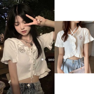 Eva Style🍒พร้อมส่ง✨COD เสื้อครอป เสื้อยืดถัก y2k เสื้อแขนสั้นผู้หญิง เสื้อมินิมอลผู้หญิง เสื้อสีขาวน่ารักๆ สไตล์เกาหลี