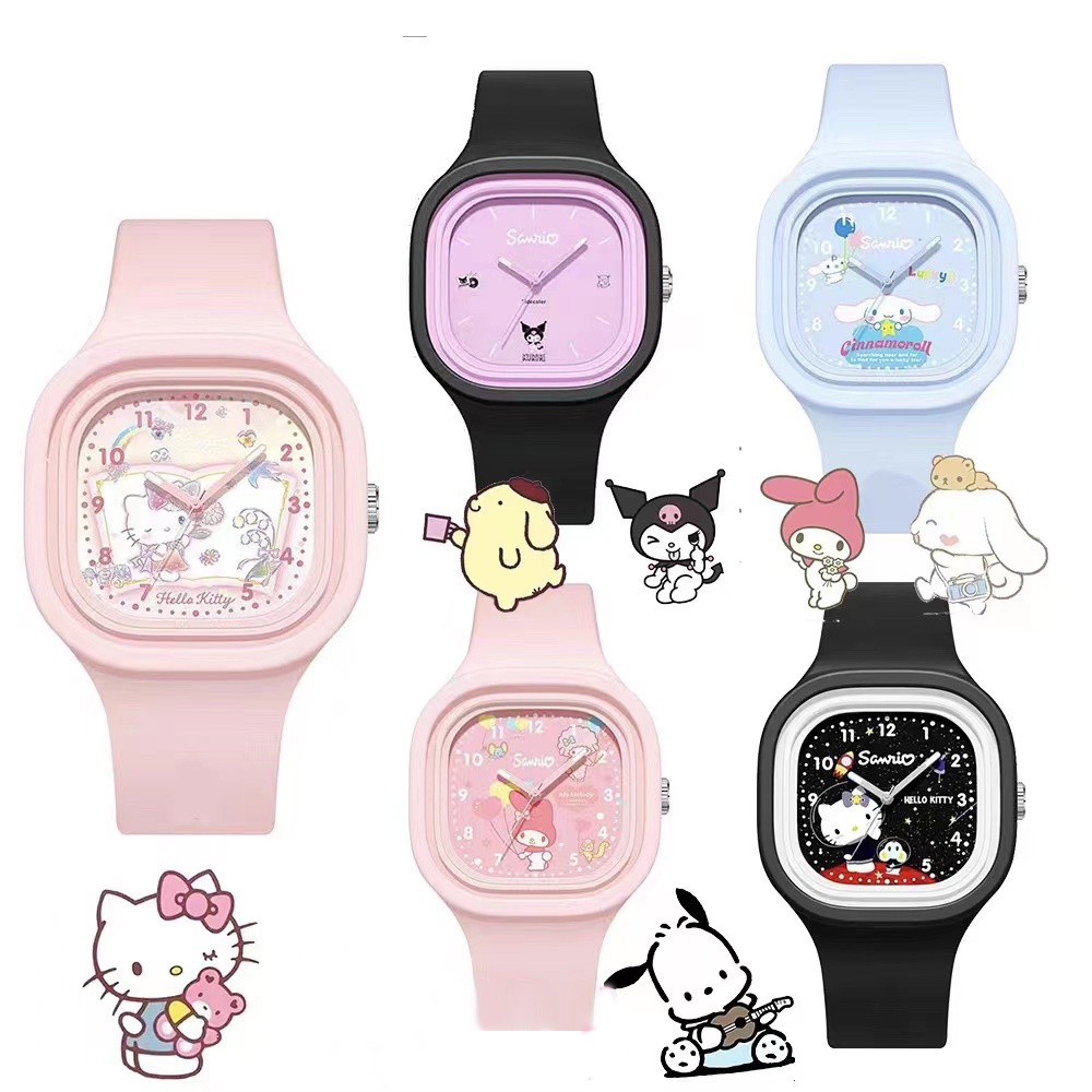 นาฬิกาข้อมือควอตซ์แฟชั่น สายซิลิโคน นาฬิกาซิลิโคนสี่เหลี่ยมลายการ์ตูนสีพื้น KT Cat ลายสุนัขคุโรมิสีซินนามอน