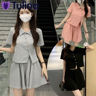 พร้อมส่ง ชุดเซ็ท ชุด 2 ชิ้น ชุดเซ็ทสไตล์เกาหลีน่ารักๆ เสื้อคอปกเเต่งกระดุม+กางเกงขาสั้น