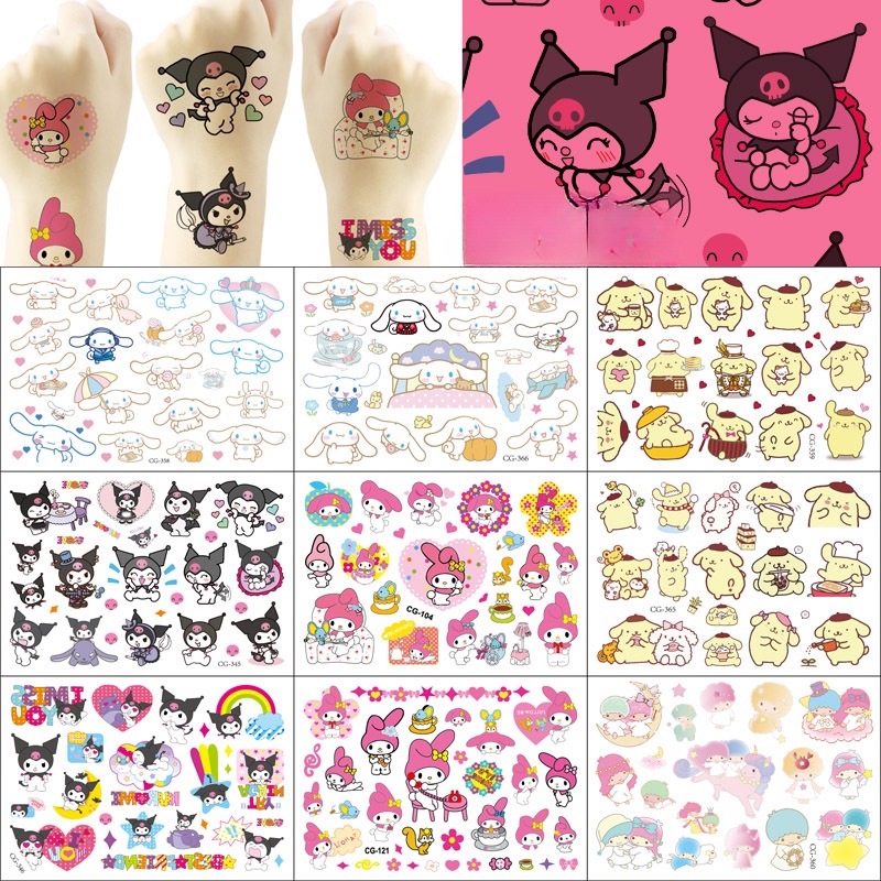 SANRIO สติกเกอร์รอยสักชั่วคราว กันน้ํา ลายการ์ตูนอนิเมะ Melody Hello Kitty Kuromi