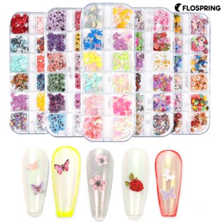 Flospring สติกเกอร์ไม้ รูปผีเสื้อ 12 ช่อง/กล่อง สําหรับตกแต่งเล็บ