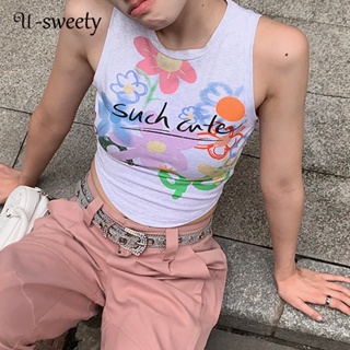 U-sweety เสื้อกล้าม แขนกุด เข้ารูป พิมพ์ลาย สีพื้น แฟชั่นสําหรับผู้หญิง 2023