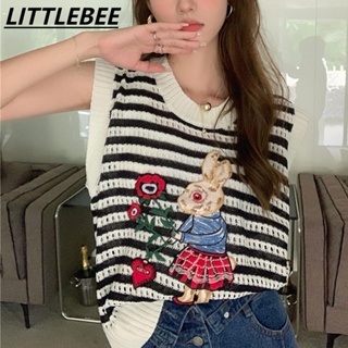 LITTLEBEE #8k62  เสื้อกล้ามไหมพรมผู้หญิงคอกลม ปักลายกระต่าย น่ารัก ลายทาง แฟชั่น สไตล์เกาหลี