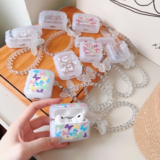 เคสหูฟัง แบบใส รูปผีเสื้อน่ารัก พร้อมสายโซ่คล้อง สําหรับ Airpods Pro 2 Airpods Pro Airpods 3 Airpods 2 Airpods 1