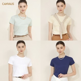 Canvaus เสื้อยืดคอกลม แขนสั้น ผ้าฝ้ายแท้ เข้ารูป สีพื้น สไตล์เกาหลี แฟชั่นฤดูร้อน สําหรับผู้หญิง