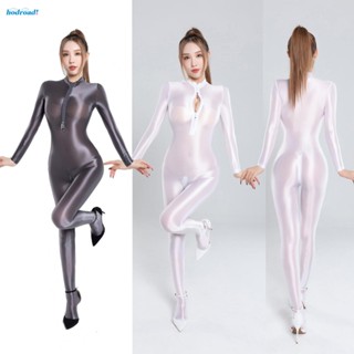 【HODRD】Women Oil Shiny Glossy Satin Wet Look Bodysuit 2-Way Zip-up Jumpsuit Nightwear【Fashion】