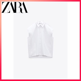 Zara ใหม่ เสื้อเชิ้ต แขนกุด ผ้าออกซ์ฟอร์ด สีขาว สําหรับผู้หญิง