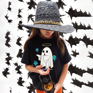 Happy Halloween เสื้อยืดลําลอง แขนสั้น คอกลม พิมพ์ลายฟักทองฮาโลวีน สีดํา สําหรับเด็ก