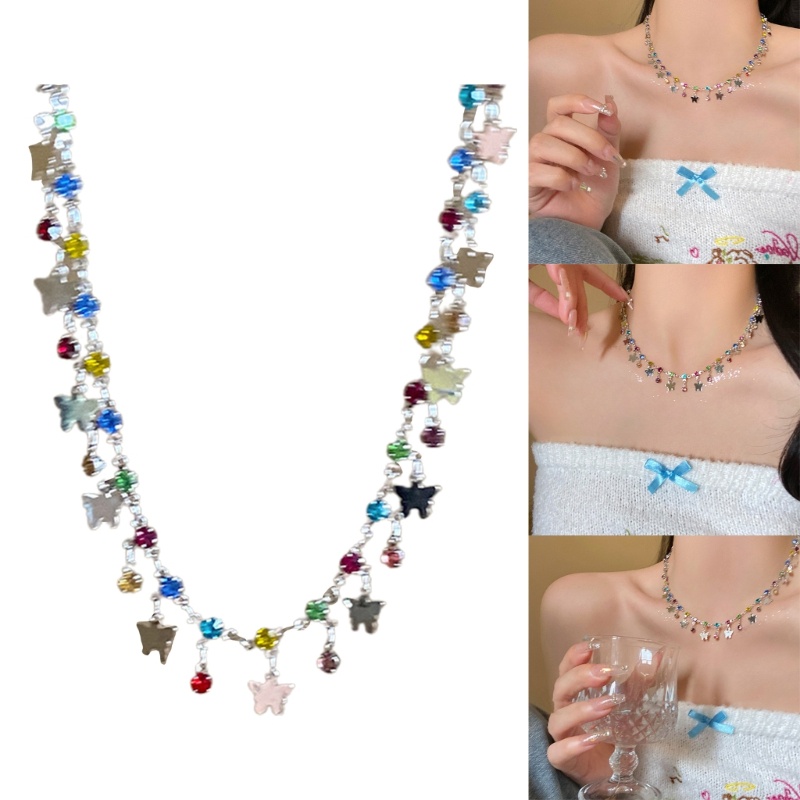 Bbd ผีเสื้อพู่สร้อยคอเพทายสีสันสดใสโซ่กระดูกไหปลาร้าอารมณ์เค้นคอ