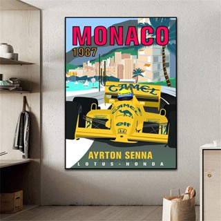 Monaco 1987 โปสเตอร์ภาพวาดผ้าใบ ลาย Ayrton Senna Grand Prix Race สไตล์วินเทจ สําหรับตกแต่งผนังบ้าน ห้องนั่งเล่น