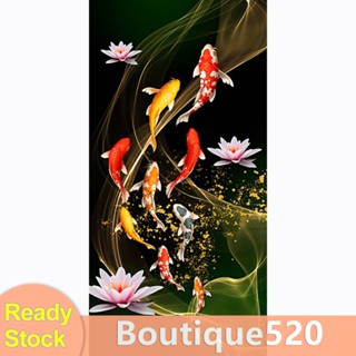 #D Koi Fish Lotus ภาพจิตรกรรมปักครอสสติตช์เพชร ทรงกลม ลายปลาโลตัส ขนาด 18x34 นิ้ว สําหรับตกแต่งบ้าน [boutique520.th]