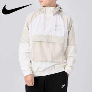 Nike ของแท้ 100% เสื้อแจ็กเก็ตลําลอง มีฮู้ด มีซิปครึ่ง ระบายอากาศ สําหรับผู้ชาย