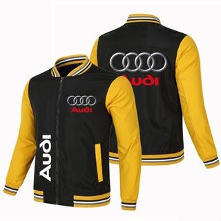 เสื้อแจ็กเก็ตลําลอง แบบบาง แต่งซิป พิมพ์ลายโลโก้ Audi ทรงหลวม แฟชั่นสําหรับผู้ชาย