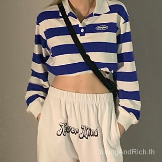 เสื้อยืดโปโล แขนยาว ลายทาง เอวสูง ทรงหลวม เข้ารูป ผ้าเบาสบาย สําหรับผู้หญิง