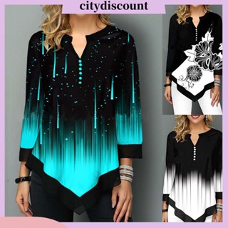 &lt;citydiscount&gt; เสื้อยืดเบลาส์ แขนยาว คอวี พิมพ์ลายดอกไม้ ติดกระดุม สําหรับผู้หญิง