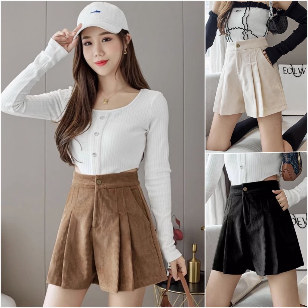 พร้อมส่ง กางเกงขาสั้นเอวสูง ผ้าลูกฟูก เอวสม็อค สไตล์เกาหลี ใส่สบาย