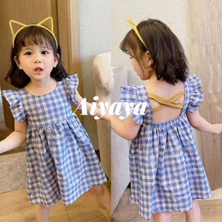 Aiyaya 💥เตรียมจัดส่ง💥 ชุดเดรสเด็กผู้หญิง ลายสก็อตสีฟ้า ชุดสวยเด็ก อายุ 1-7 ปี（640）