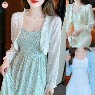 เสื้อคาร์ดิแกนแขนยาว เอวลอย แต่งลูกไม้ แบบบางพิเศษ สําหรับผู้หญิง