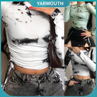 Yyr-- เสื้อครอปท็อป คอกลม แขนยาว แบบผูกเชือก สีมัดย้อม สําหรับผู้หญิง