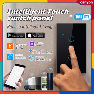 1/2/3/4gang Tuya Wifi Smart Switch กระจกนิรภัยกันน้ำ แผงสัมผัส จับเวลา ฟังก์ชันนับถอยหลัง Smart App Contro รองรับ Voice Control canyon