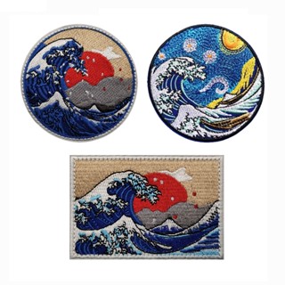 แผ่นแพทช์สติกเกอร์ ปักลายคลื่น Ukiyo Van Gogh The Starry Night &amp; Kanagawa สําหรับติดตกแต่งเสื้อผ้า