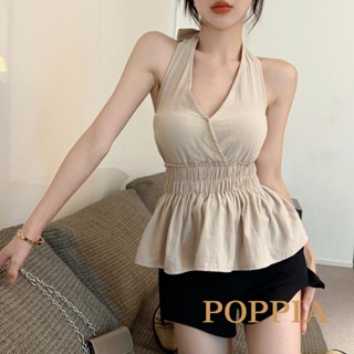 Poppia- เสื้อกล้าม แขนกุด คอวีลึก เอวสม็อค ฤดูร้อน สําหรับผู้หญิง