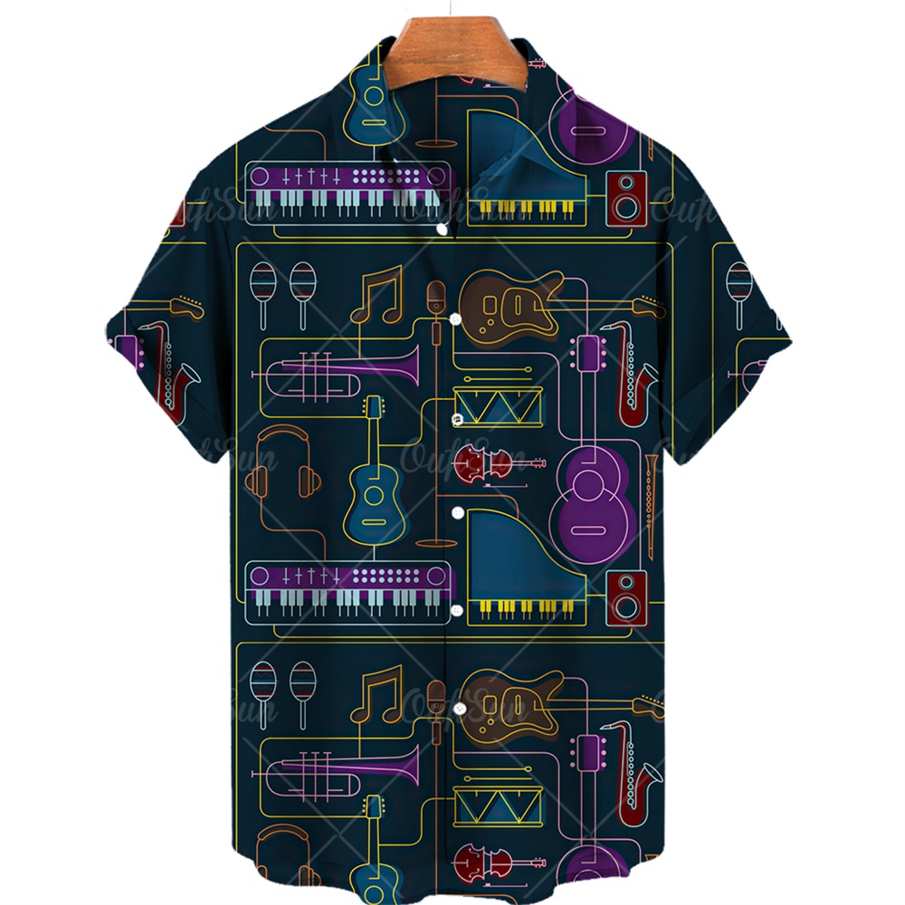 เสื้อเชิ้ตฮาวาย แขนสั้น คอปก พิมพ์ลายเครื่องดนตรี 3 มิติ เหมาะกับเดินชายหาด แฟชั่นฤดูร้อน สไตล์เรโทร สําหรับผู้ชาย - รูปที่ 3
