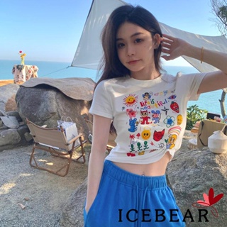 เสื้อยืดลําลอง สําหรับสตรี แขนสั้น คอกลม พิมพ์ลายการ์ตูน ICE ทรงสลิมฟิต แนวสตรีท