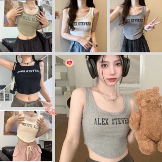 เสื้อกล้ามสายเดี่ยว พิมพ์ลาย ALEX STEVENS พร้อมส่ง แนวY2Kมีฟองน้ำในตัว เเต่งชายโค้ง #B505