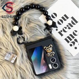 Lushuo เคสโทรศัพท์มือถือหนัง ฝาพับ ปิดด้านหลัง ประดับโบว์ พลอยเทียม 3D หรูหรา พร้อมสร้อยข้อมือ สําหรับ OPPO Find N2 findn2