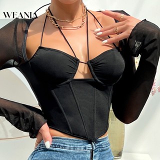 Weania เสื้อยืดซีทรู แขนยาว ผูกเชือก เซ็กซี่ สําหรับผู้หญิง