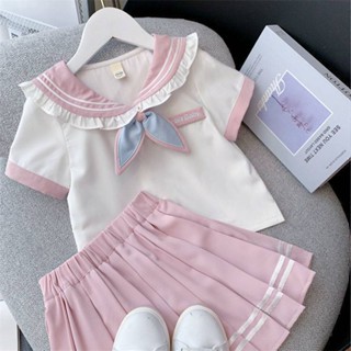 (พร้อมส่ง)  ชุดเด็ก เสื้อคอปกผูกโบว์+กระโปรงสีชมพู ผ้าดีน่ารักมาก