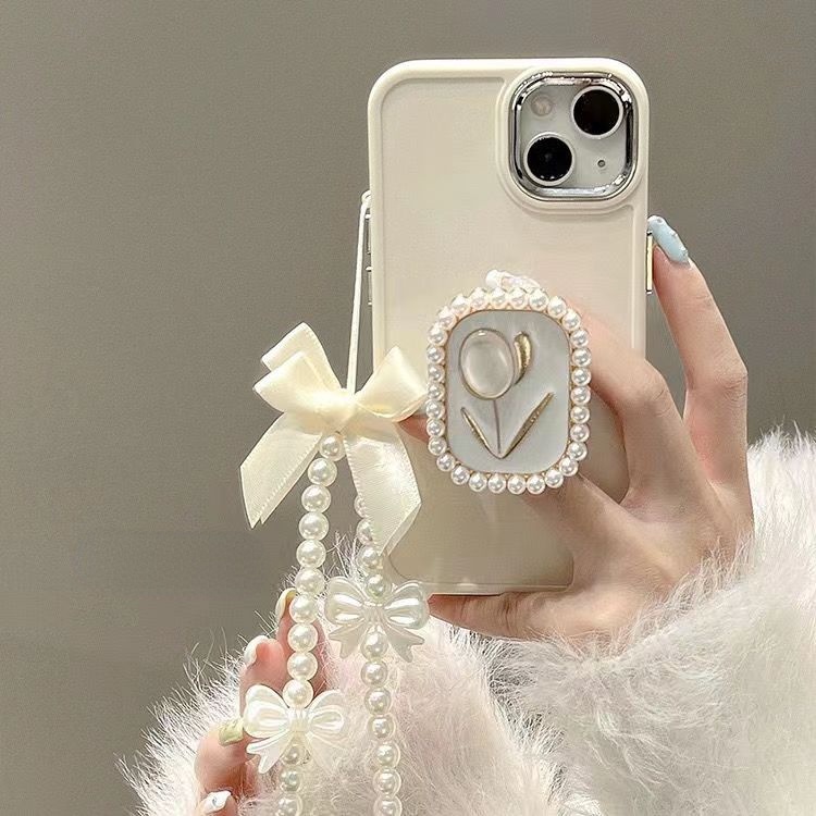 เคสป้องกันโทรศัพท์มือถือ แบบนิ่ม ลายดอกทิวลิป ประดับไข่มุก มีสายโซ่คล้อง สําหรับ iPhone 14 13 12 11Pro MAX X XR XS MAX