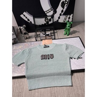 S6LL MIU MIU 23 spring and summer new gentle style series heavy industry beaded letter decoration hollow-out all-match short sleeve knitted top