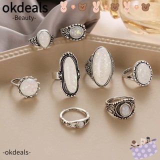 OKDEALS ชุดแหวนโลหะผสมโอปอลแกะสลัก สีเงิน สไตล์โบฮีเมียน สําหรับผู้หญิง 8 ชิ้น ต่อชุด