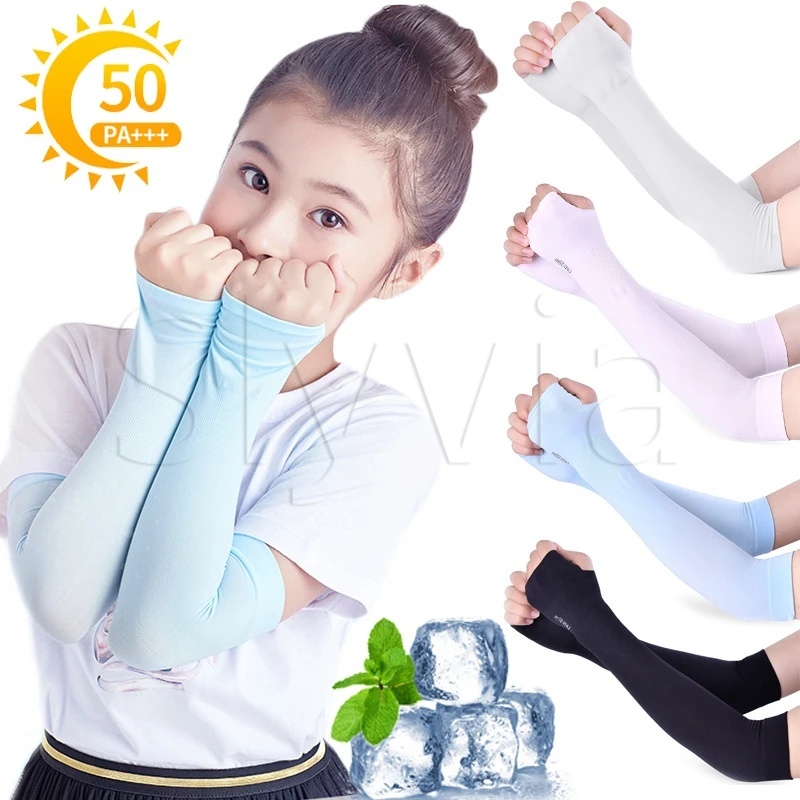 [ขายดี] ปลอกแขนกันแดด ป้องกันรังสียูวี ยืดหยุ่น สีพื้น แฟชั่นฤดูร้อน สําหรับเด็ก เหมาะกับการวิ่ง ตกปลา เล่นกีฬา