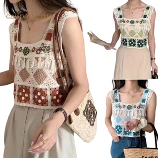 เสื้อครอปท็อป คอสี่เหลี่ยม ผ้าถัก ทรงหลวม ลายดอกไม้ แฟชั่นฤดูร้อน สําหรับผู้หญิง
