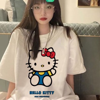 เสื้อยืดแขนสั้น พิมพ์ลายการ์ตูน Sanrio Hello Kitty แฟชั่นฤดูร้อน สไตล์ญี่ปุ่น สําหรับผู้หญิง