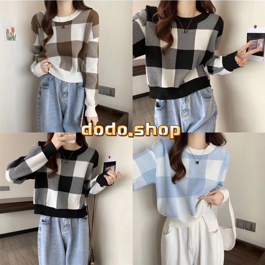 DODO*คอลเล็คชั่นใหม่พร้อมส่ง!! เสื้อสเวตเตอร์ไหมพรม แบบสวมหัว ลายสก็อต สีตัดกัน สไตล์เกาหลี (95019)
