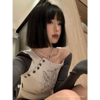 พร้อมส่ง 😍 เสื้อเชิ้ตแขนยาวลายผีเสื้อตัดแขนยาวสําหรับผู้หญิงเสื้อยืดกิริยาผอมหวานและเผ็ดบาง SK51400