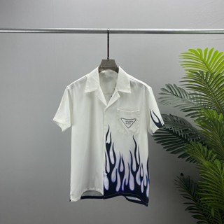 K7RB PRADA 2022 spring and summer new chest pocket letter flame printing mens casual short sleeve shirt mens and womens loose