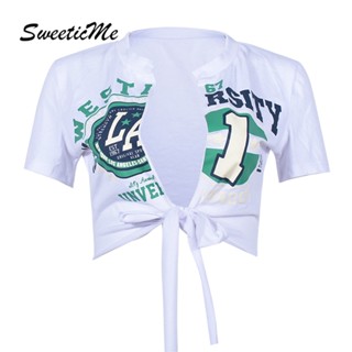 Sweeticme ใหม่ เสื้อยืดแขนสั้นลําลอง พิมพ์ลาย ฉลุลาย เซ็กซี่ แฟชั่นสําหรับสตรี 2023