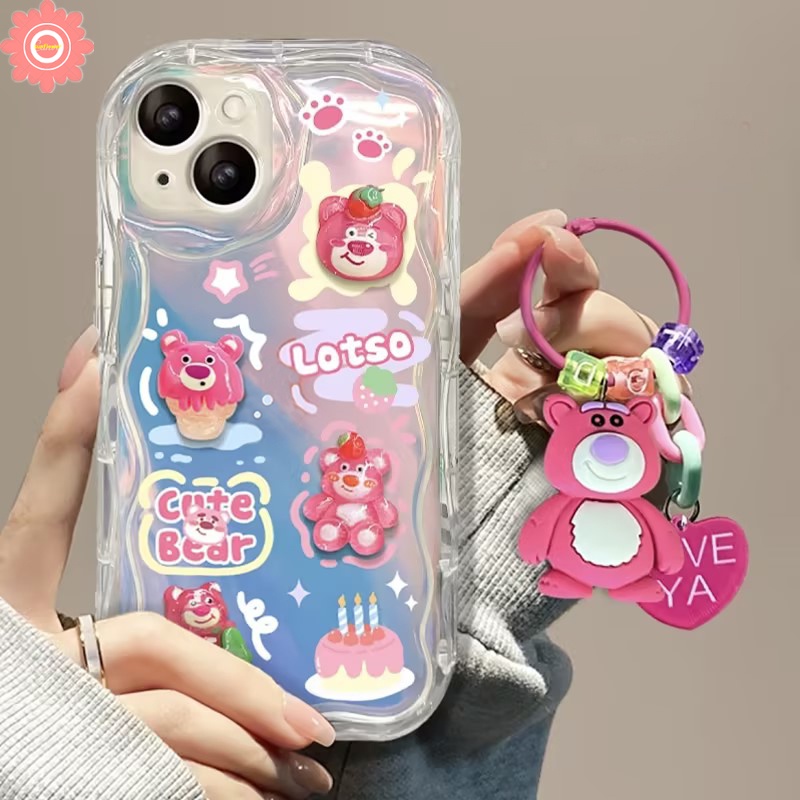 เคสโทรศัพท์มือถือ แบบนิ่ม ลายหมีสตรอเบอร์รี่ 3D มีสายคล้อง ขอบโค้ง สําหรับ IPhone 11 14 13 12 Pro MAX 7Plus XR X XS MAX 7 6S 6 8 Plus SE 2020