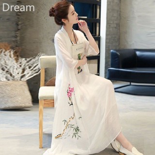 Large size fake two pieces Chinese style temperament cotton and linen literary printing temperament mid-length dress for women