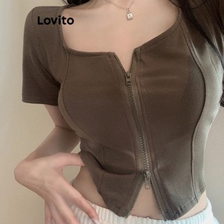 Lovito เสื้อยืดลําลอง คอสี่เหลี่ยม มีซิป สําหรับผู้หญิง LNE18036 (สีกากี/ขาว/ดํา)