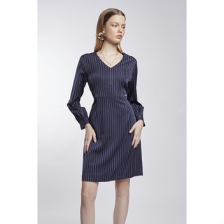 ESPADA เดรสคอวีแขนยาว ผู้หญิง สีน้ำเงินเข้ม | V-Neck Pinstripe Dress | 01040