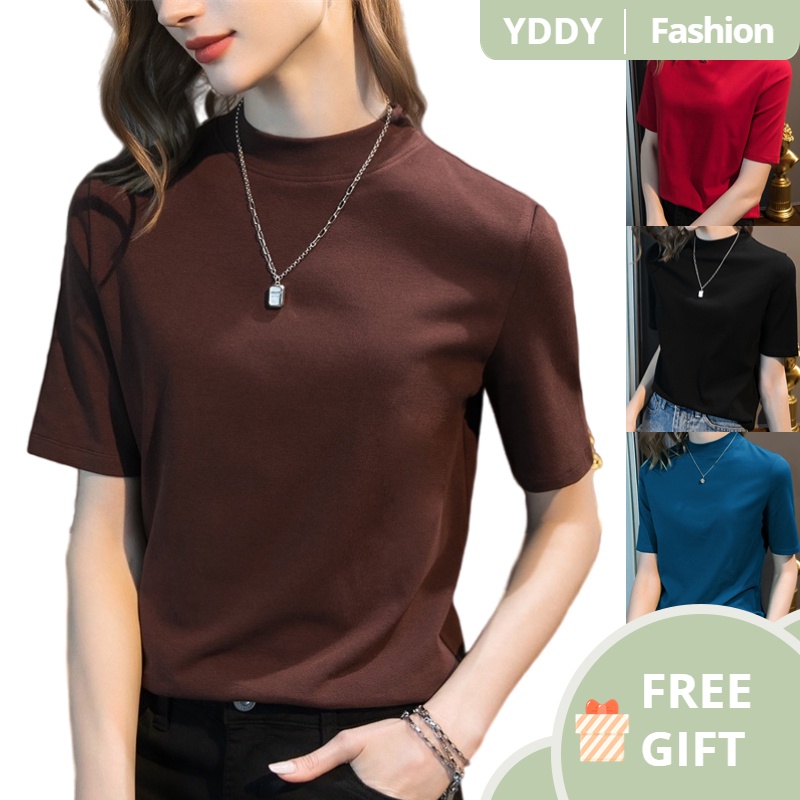[Yddy] คอเต่าขนาดเล็กหรูหราครึ่งแขนเสื้อยืดผู้หญิงฤดูใบไม้ผลิแขนสั้นเสื้อ จุดต่ําสุด ด้านในครึ่งแขนด้านบน 2023 ฤดูใบไม้ผลิใหม่